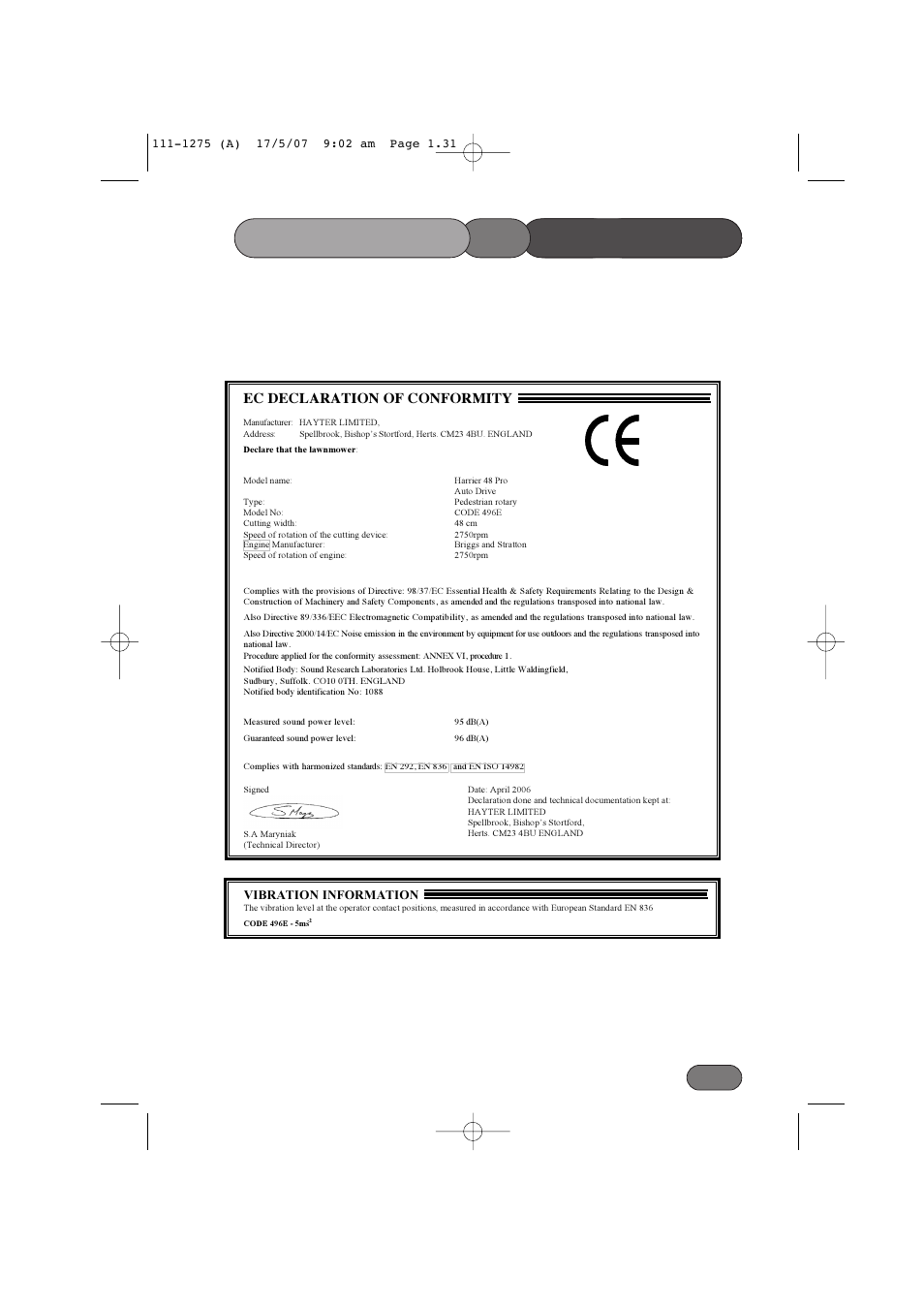 Conformity of declaration | Hayter Mowers Harrier 48 PRO User Manual | Page 31 / 40