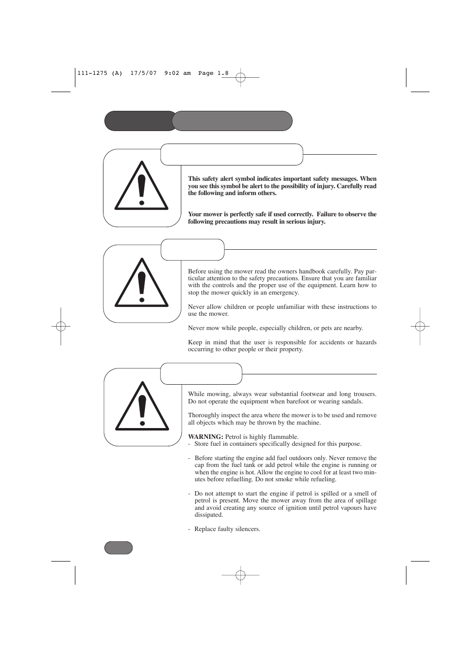 Safety precautions, Safety alert symbol preparation training | Hayter Mowers Harrier 48 PRO User Manual | Page 8 / 40