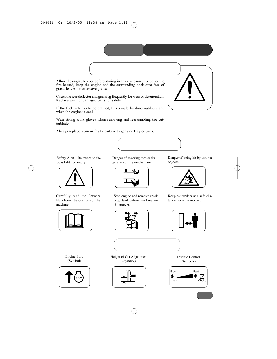 Safety precautions, Maintenance & storage safety symbols, Control symbols | Hayter Mowers Ranger 399C User Manual | Page 11 / 40