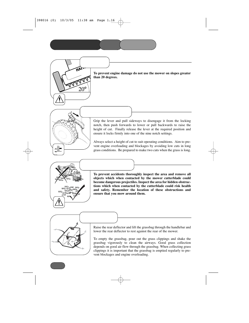 Height of cut before mowing, Grassbag operating the mower, Slopes | Hayter Mowers Ranger 399C User Manual | Page 16 / 40