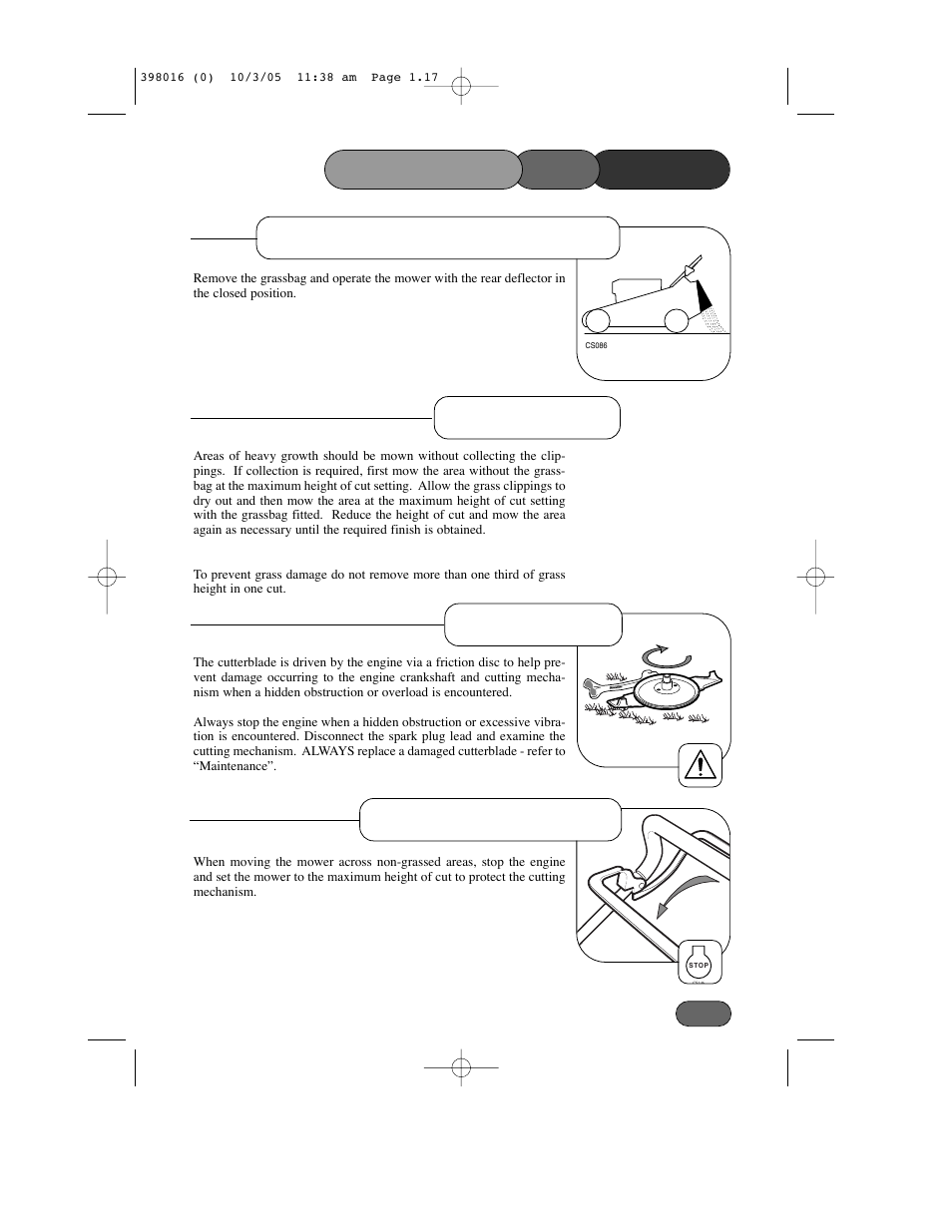 Friction disc non-grassed areas, Mower the operating, Without grass collection | Heavy growth | Hayter Mowers Ranger 399C User Manual | Page 17 / 40