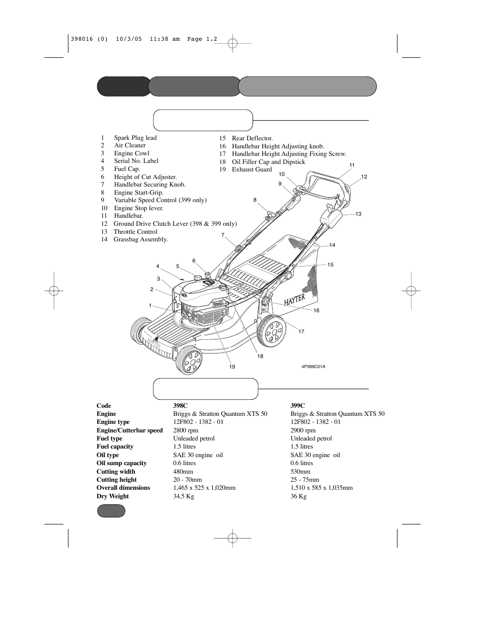 Main features specifications, Main features /specifications | Hayter Mowers Ranger 399C User Manual | Page 2 / 40
