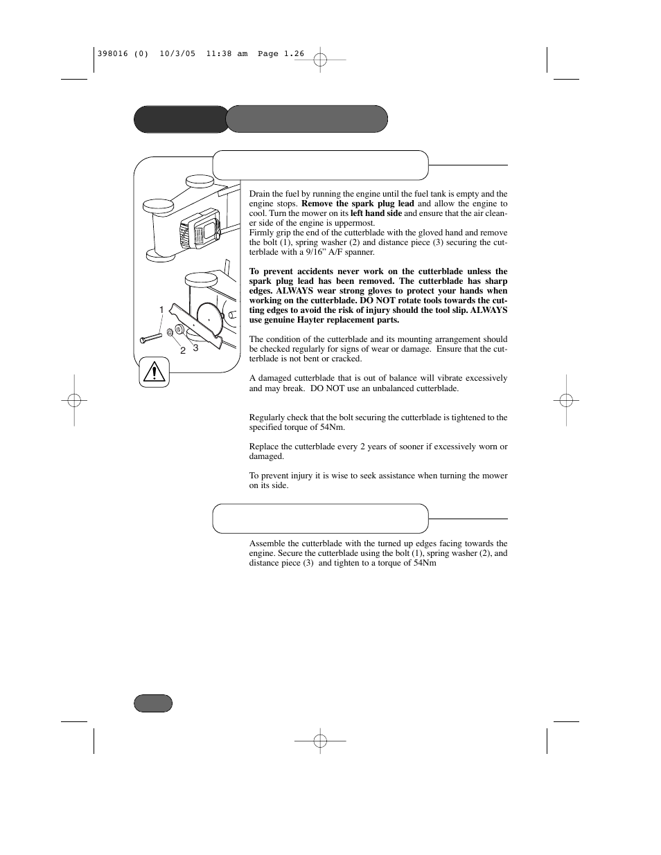 Mower maintenance, Cutterblade removal cutterblade assembly | Hayter Mowers Ranger 399C User Manual | Page 26 / 40