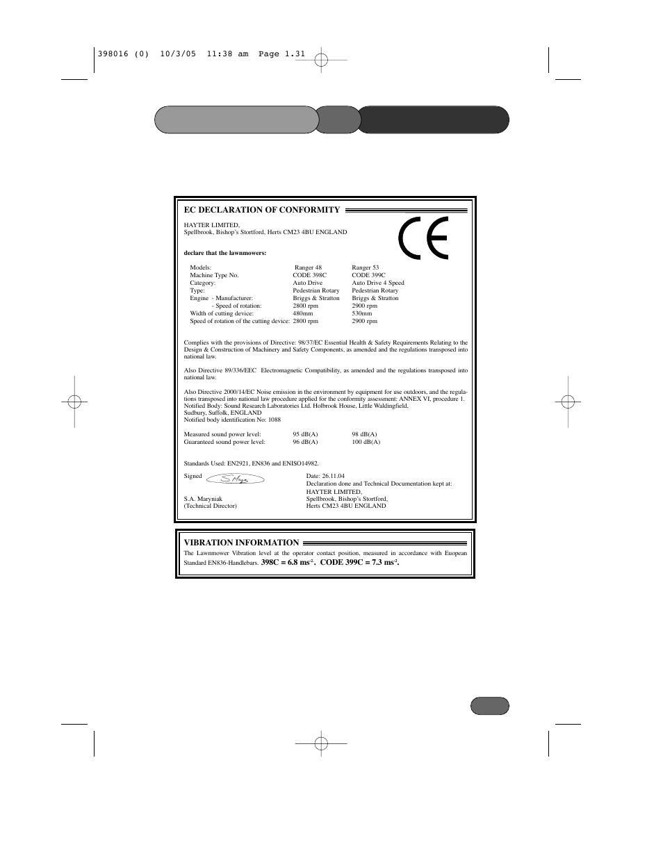 Conformity of declaration | Hayter Mowers Ranger 399C User Manual | Page 31 / 40