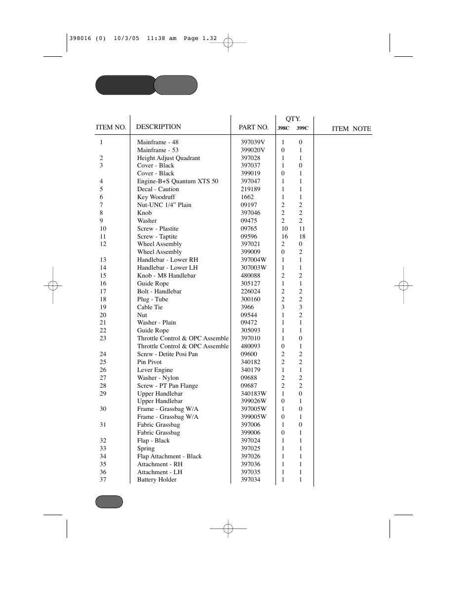 Parts list | Hayter Mowers Ranger 399C User Manual | Page 32 / 40