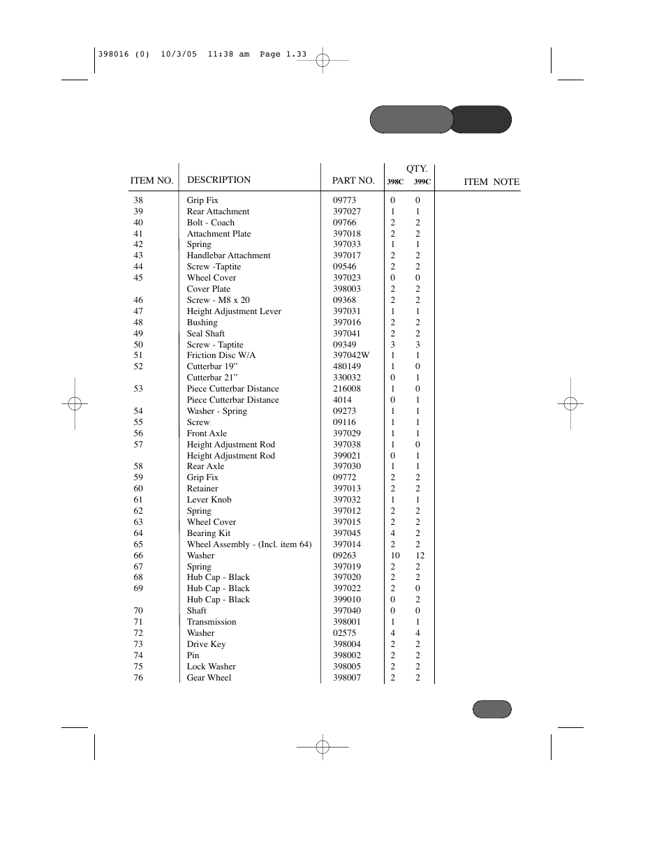 List parts | Hayter Mowers Ranger 399C User Manual | Page 33 / 40