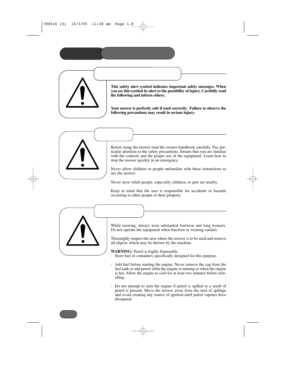 Safety precautions, Safety alert symbol preparation training | Hayter Mowers Ranger 399C User Manual | Page 8 / 40