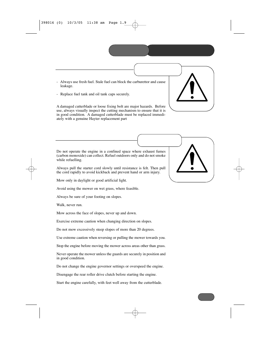 Precautions safety, Operation preparation | Hayter Mowers Ranger 399C User Manual | Page 9 / 40