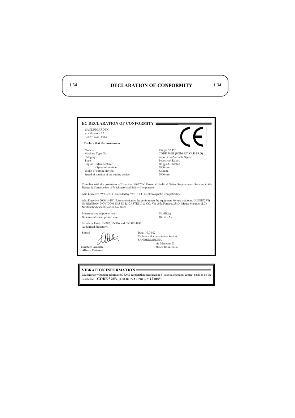 Declaration of conformity | Hayter Mowers Ranger 53 Pro User Manual | Page 34 / 44