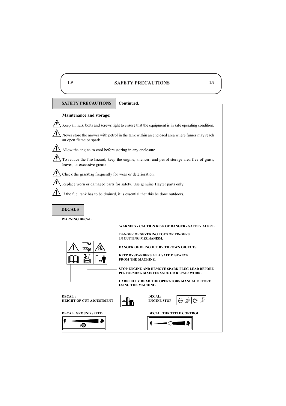Safety precautions | Hayter Mowers Ranger 53 Pro User Manual | Page 9 / 44