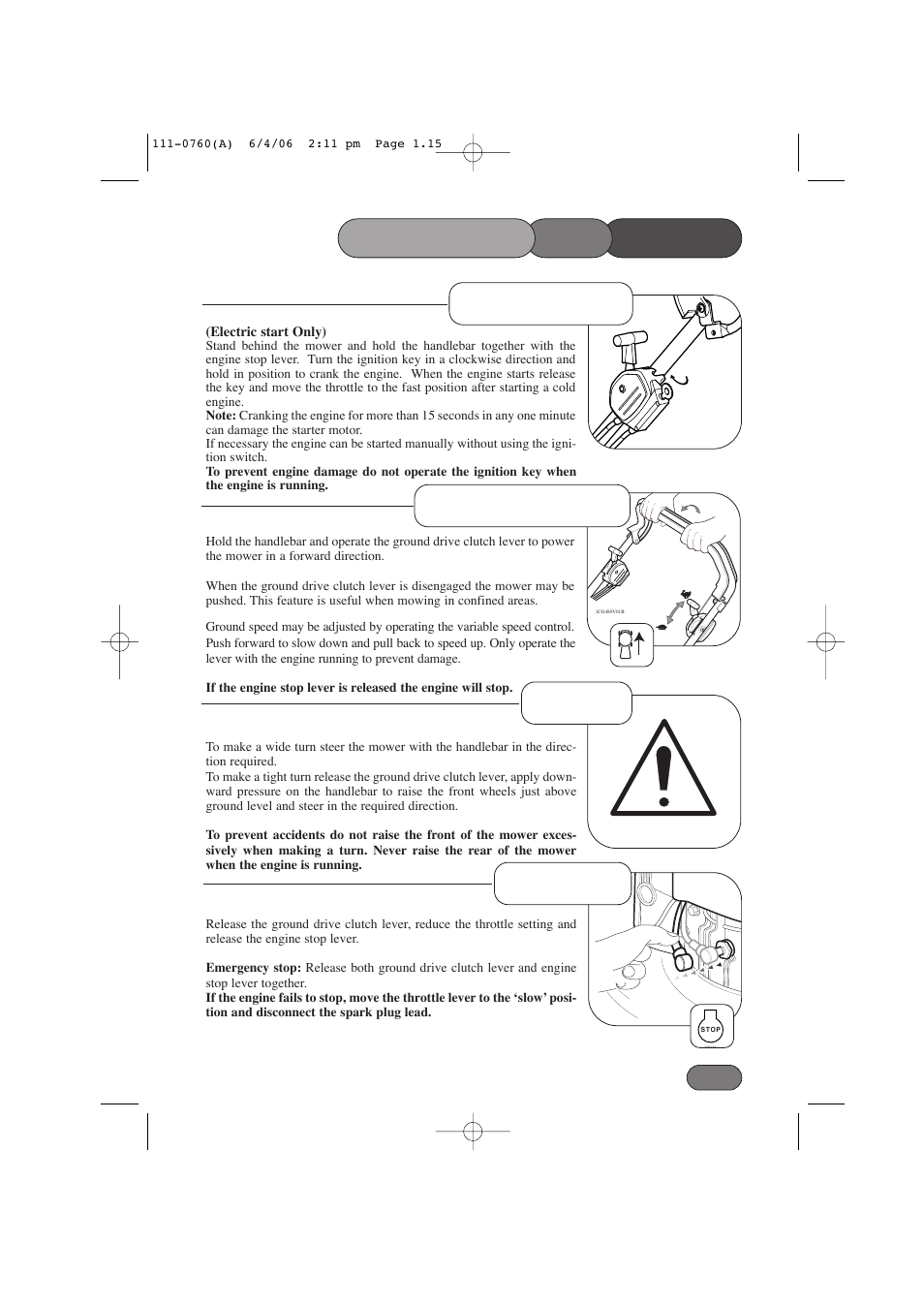 Mower the operating, Forward travel turning stopping, Electric start | Hayter Mowers Harrier 48 User Manual | Page 15 / 40