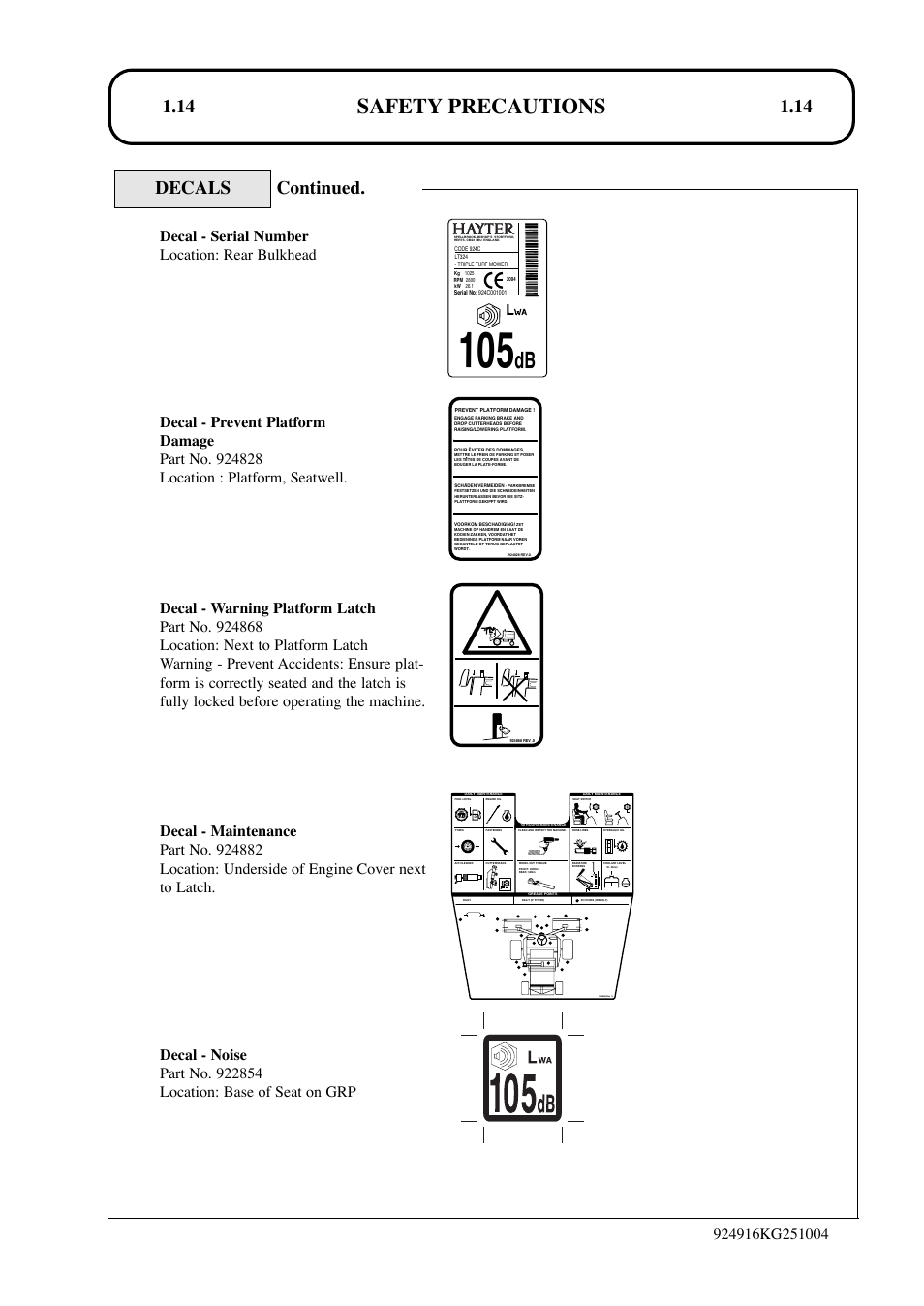 Safety precautions, Decals continued, Fuel | Hayter Mowers LT324 User Manual | Page 14 / 80
