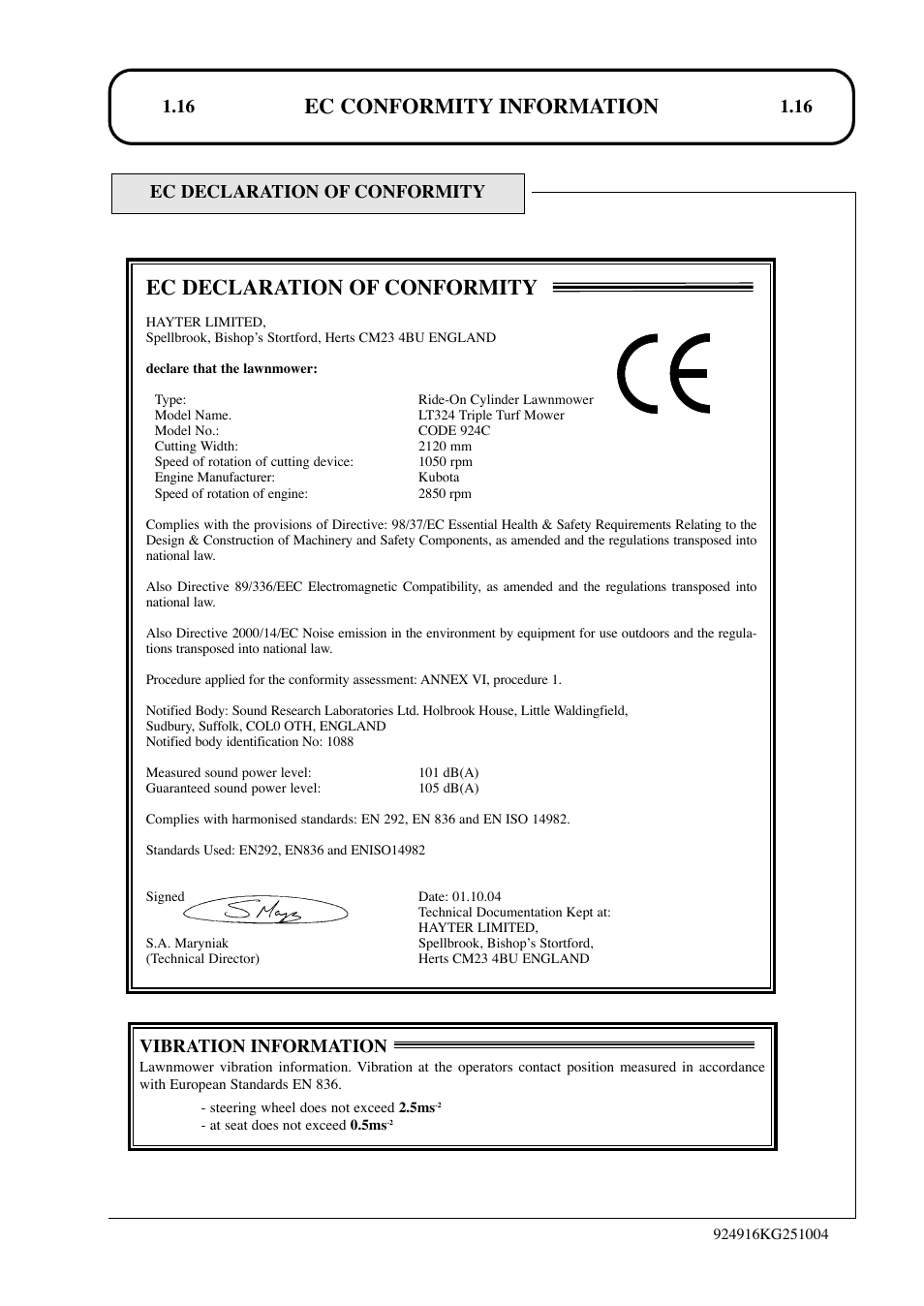 Ec conformity information, Ec declaration of conformity | Hayter Mowers LT324 User Manual | Page 16 / 80