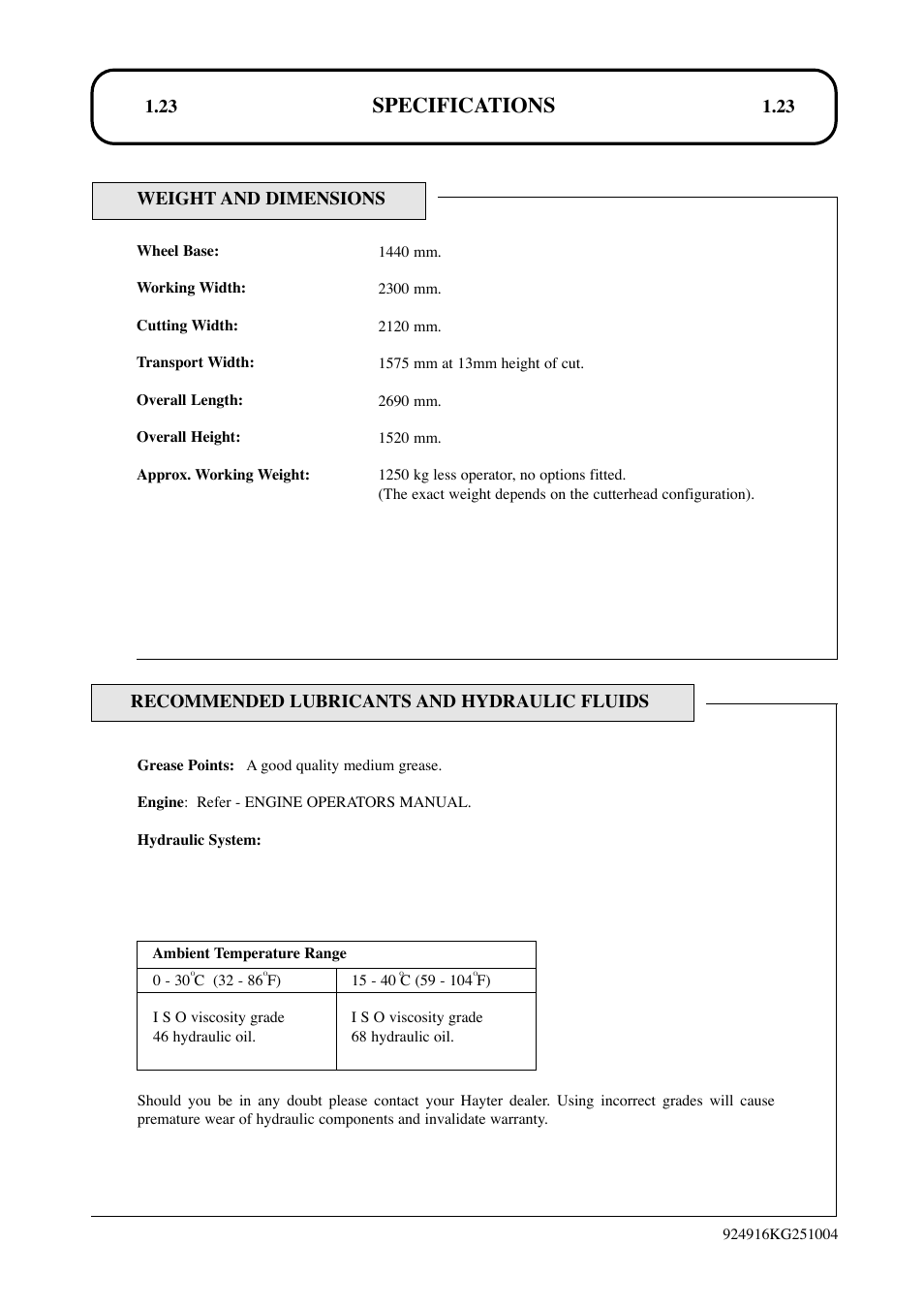 Specifications | Hayter Mowers LT324 User Manual | Page 23 / 80