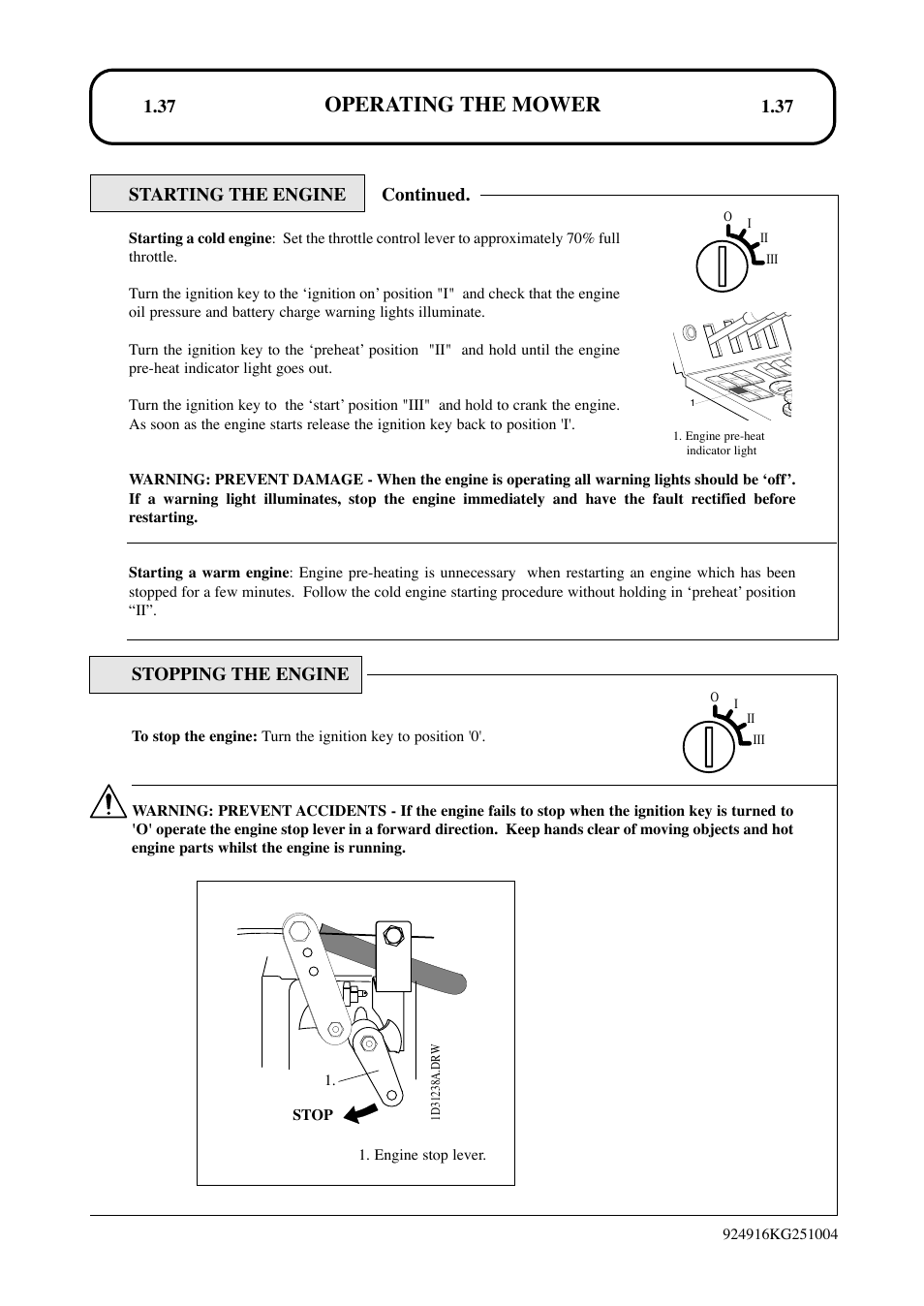 Operating the mower, Stopping the engine, Starting the engine continued | Hayter Mowers LT324 User Manual | Page 37 / 80