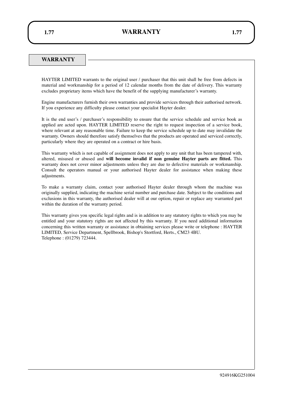 Warranty | Hayter Mowers LT324 User Manual | Page 77 / 80