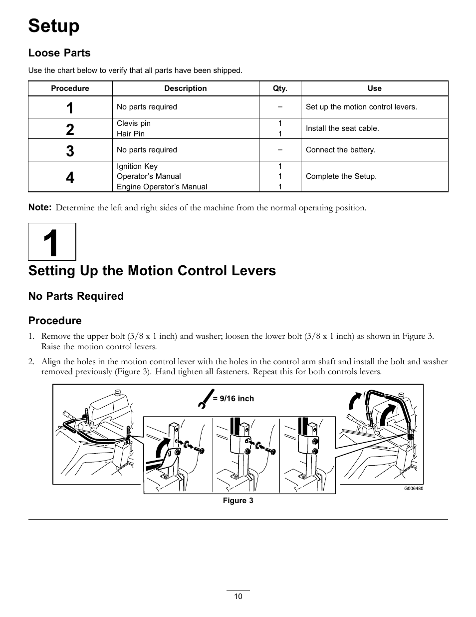 Setup, 1 setting up the motion control levers, Setting up the motion control levers | Hayter Mowers RZT420H User Manual | Page 10 / 52