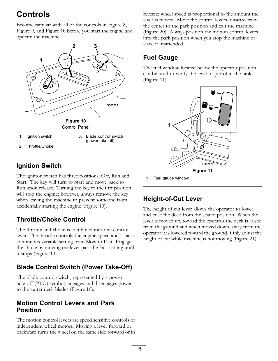 Controls, Ignition switch, Throttle/choke control | Blade control switch (power take-off), Motion control levers and park position, Fuel gauge, Height-of-cut lever | Hayter Mowers RZT420H User Manual | Page 15 / 52