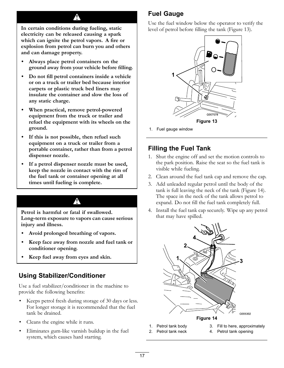 Using stabilizer/conditioner, Fuel gauge, Filling the fuel tank | Hayter Mowers RZT420H User Manual | Page 17 / 52