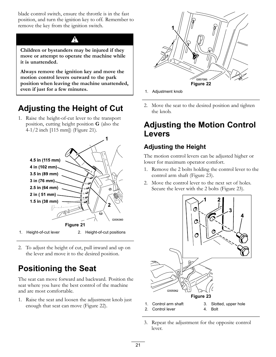 Figure 21, Adjusting the height of cut, Positioning the seat | Adjusting the motion control levers, Adjusting the height | Hayter Mowers RZT420H User Manual | Page 21 / 52