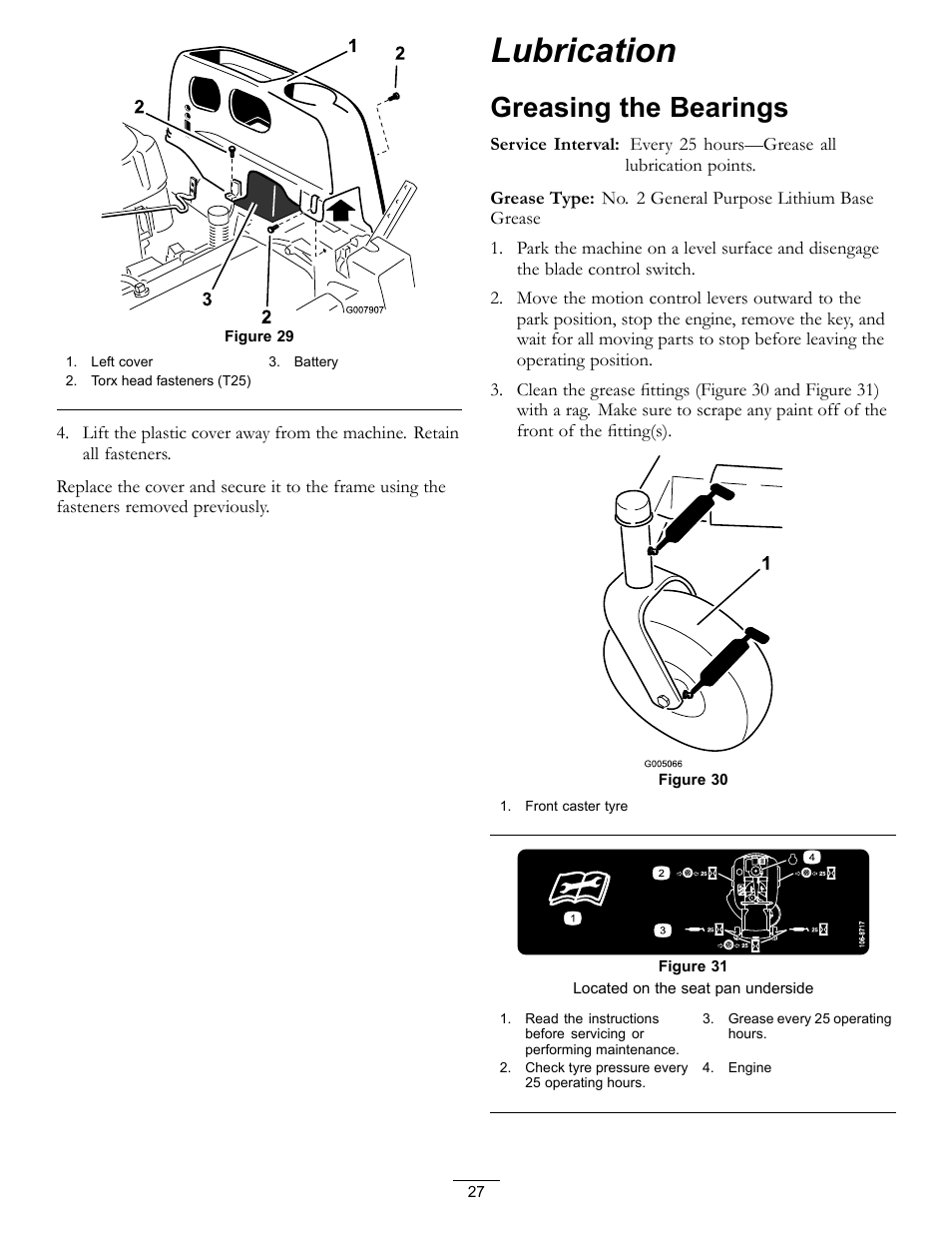 Lubrication, Greasing the bearings, Figure 29 | Hayter Mowers RZT420H User Manual | Page 27 / 52