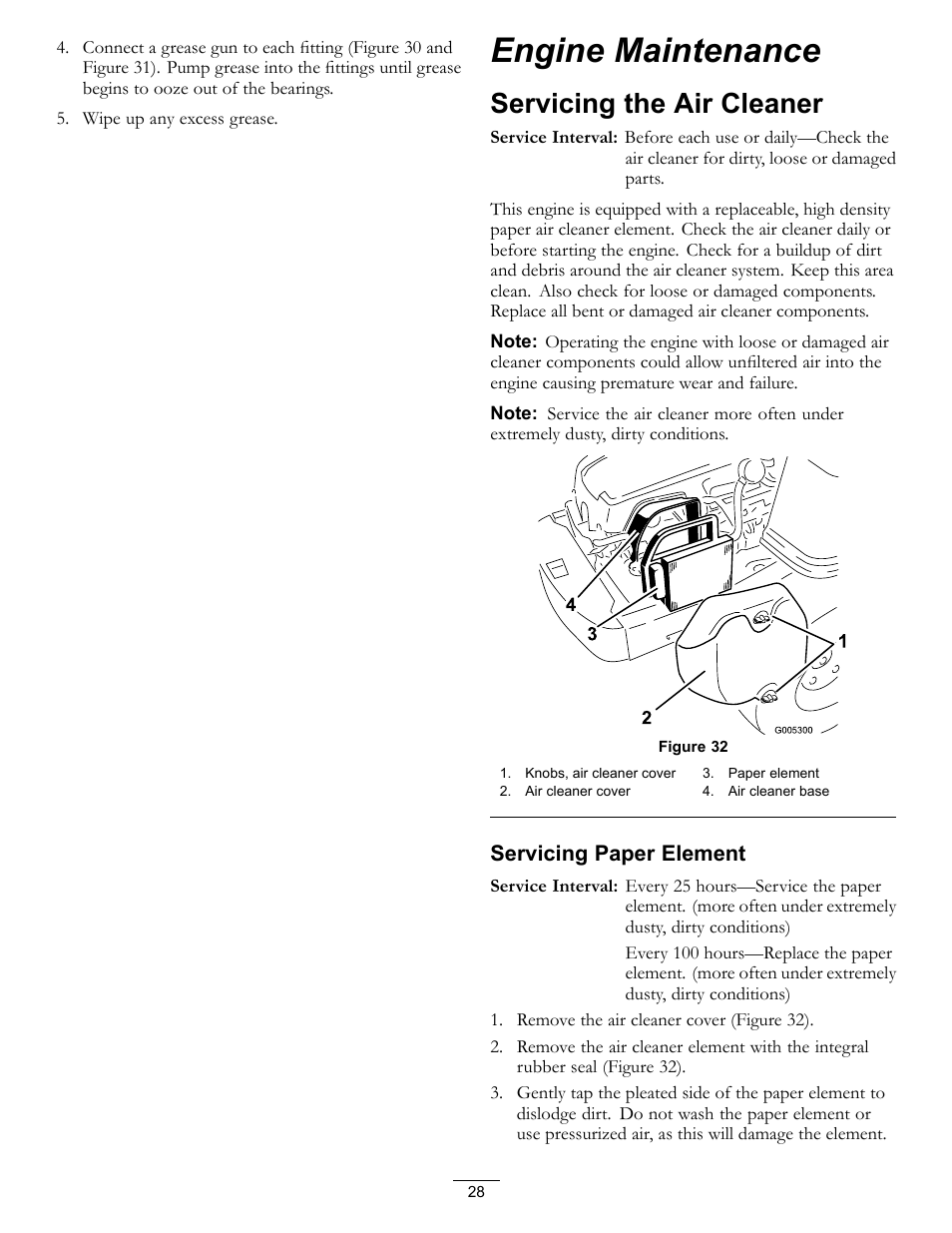 Engine maintenance, Servicing the air cleaner, Servicing paper element | Hayter Mowers RZT420H User Manual | Page 28 / 52
