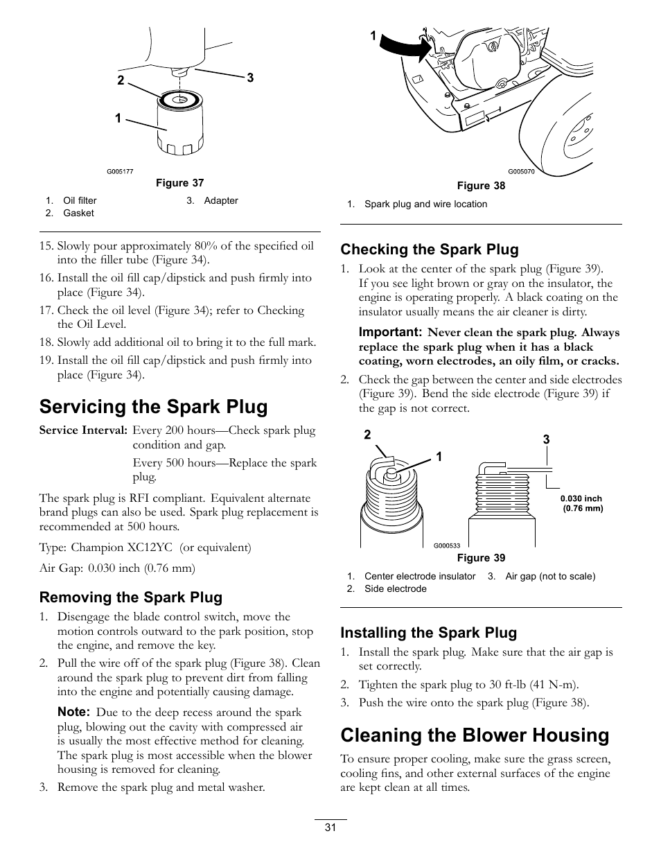 Figure 37, Servicing the spark plug, Cleaning the blower housing | Removing the spark plug, Checking the spark plug, Installing the spark plug | Hayter Mowers RZT420H User Manual | Page 31 / 52