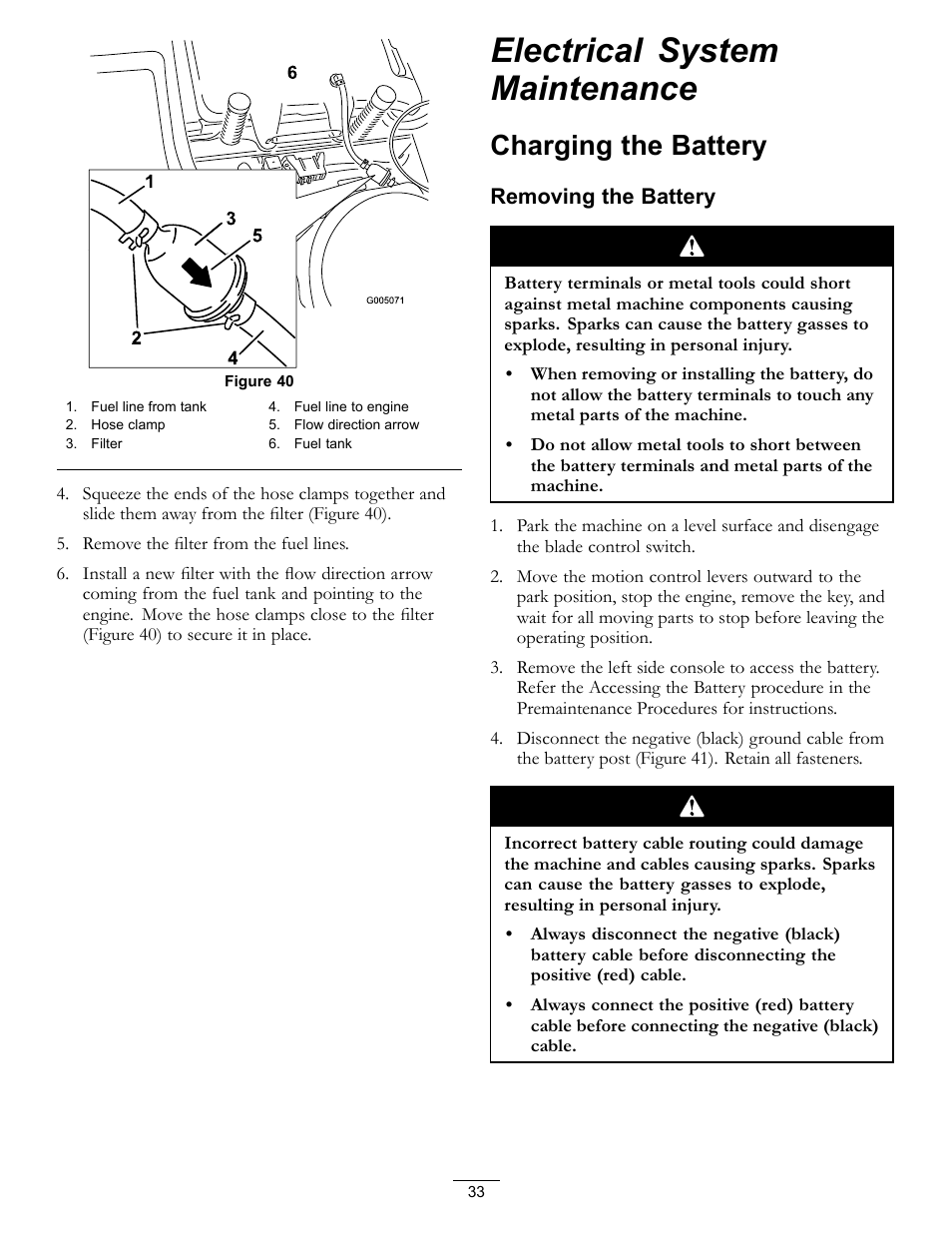 Electrical system maintenance, Charging the battery, Removing the battery | Hayter Mowers RZT420H User Manual | Page 33 / 52
