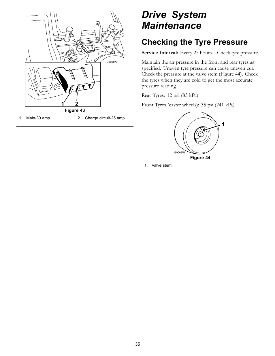 Drive system maintenance, Checking the tyre pressure, Figure 43 | Hayter Mowers RZT420H User Manual | Page 35 / 52