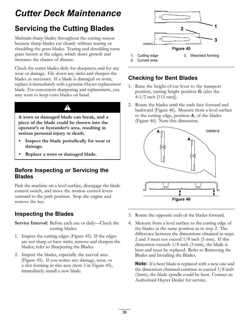 Cutter deck maintenance, Servicing the cutting blades | Hayter Mowers RZT420H User Manual | Page 36 / 52