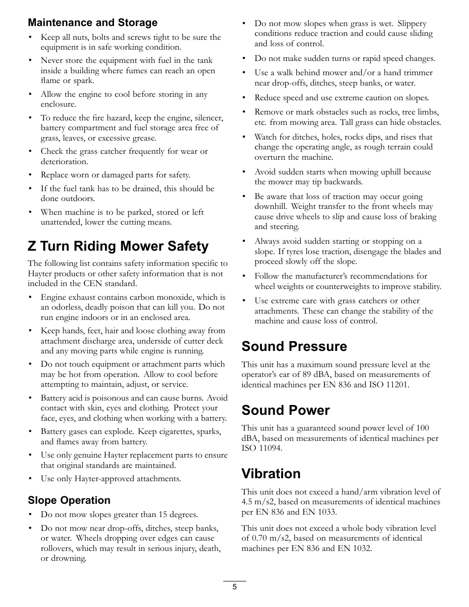 Z turn riding mower safety, Sound pressure, Sound power | Vibration | Hayter Mowers RZT420H User Manual | Page 5 / 52