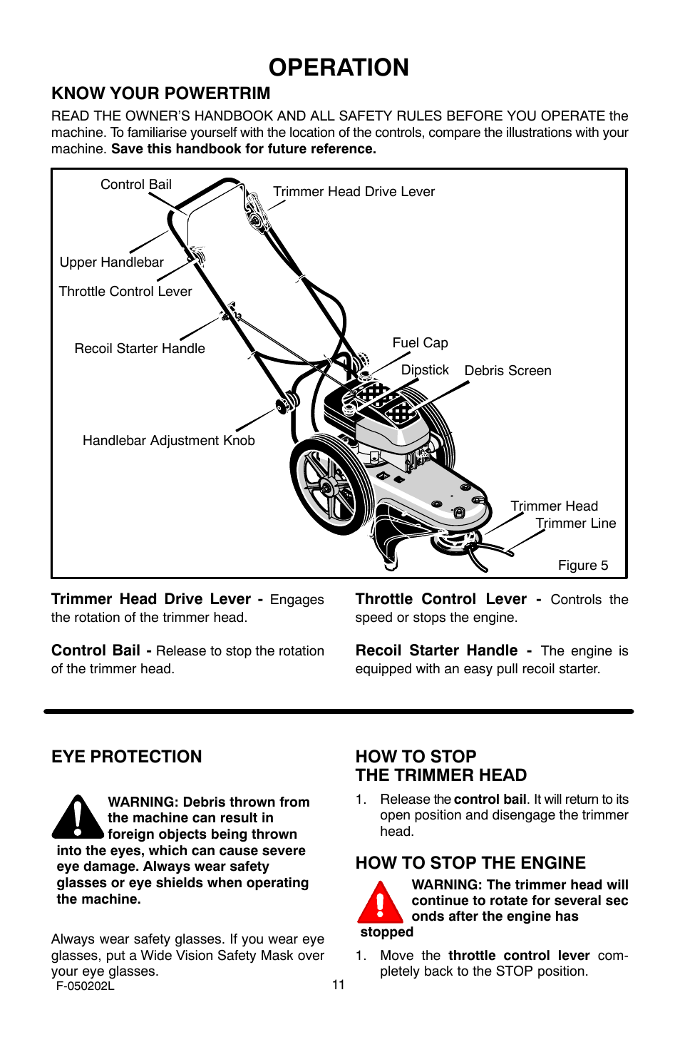 Operation, Know your powertrim, Eye protection | How to stop the trimmer head, How to stop the engine | Hayter Mowers 407C User Manual | Page 11 / 28