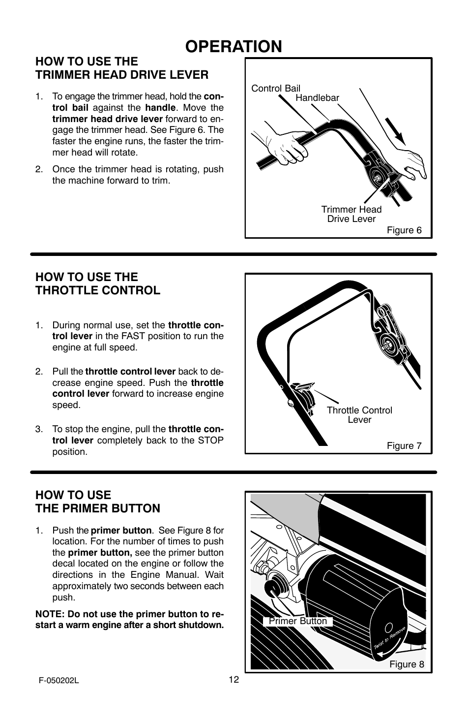 Operation, How to use the trimmer head drive lever, How to use the throttle control | How to use the primer button | Hayter Mowers 407C User Manual | Page 12 / 28