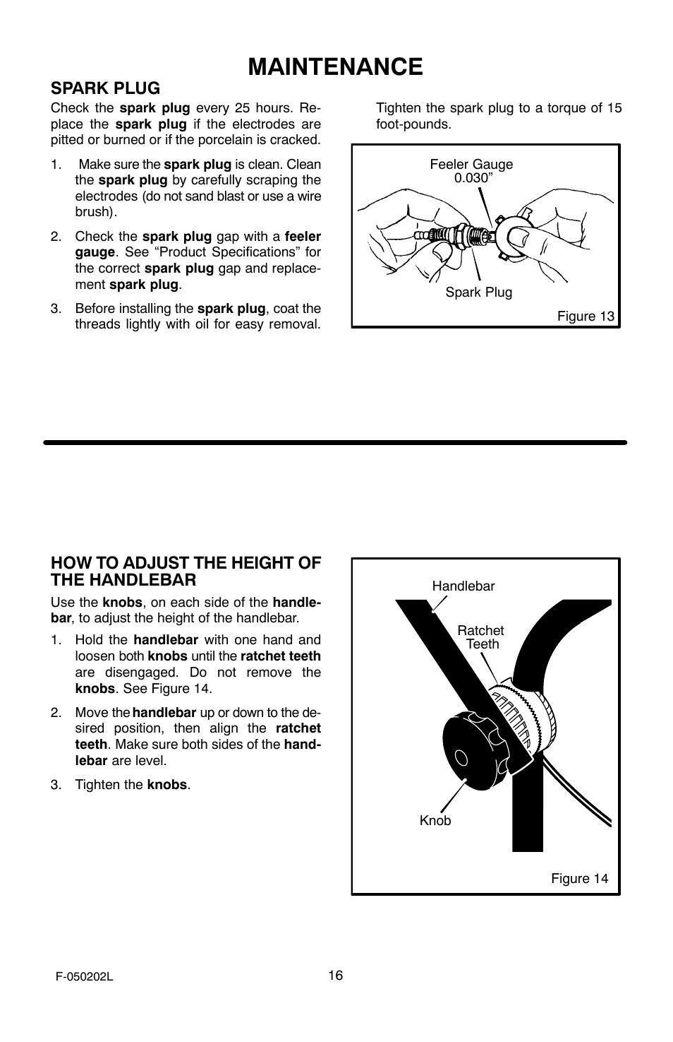 Maintenance, Spark plug, How to adjust the height of the handlebar | Hayter Mowers 407C User Manual | Page 16 / 28