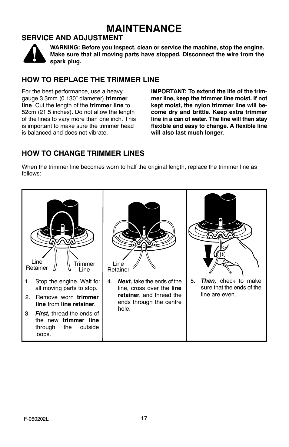 Maintenance, Service and adjustment, How to replace the trimmer line | How to change trimmer lines | Hayter Mowers 407C User Manual | Page 17 / 28
