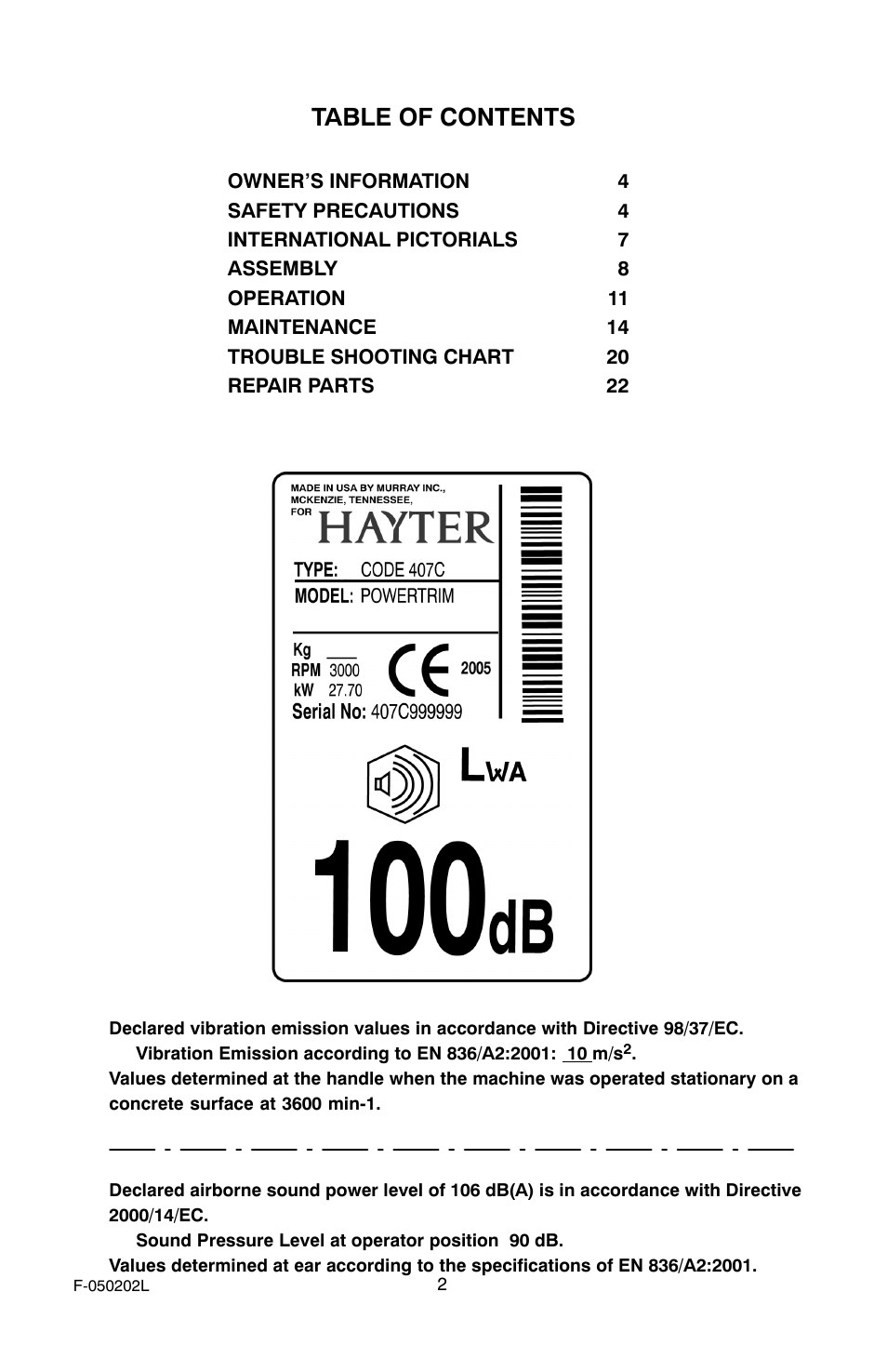 Hayter Mowers 407C User Manual | Page 2 / 28