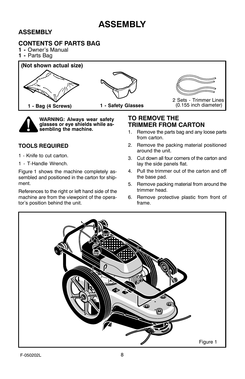 Assembly, Assembly contents of parts bag | Hayter Mowers 407C User Manual | Page 8 / 28