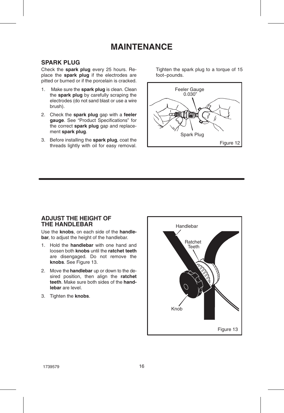 Maintenance, Spark plug, Adjust the height of the handlebar | Hayter Mowers Powertrim 407F User Manual | Page 16 / 30