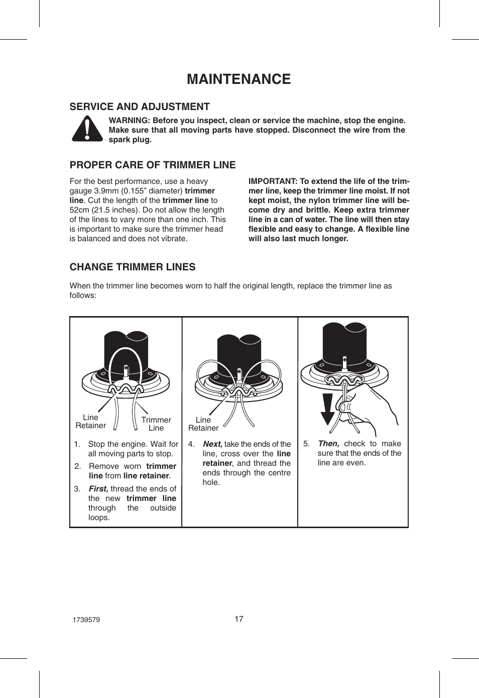 Maintenance, Service and adjustment, Proper care of trimmer line | Change trimmer lines | Hayter Mowers Powertrim 407F User Manual | Page 17 / 30