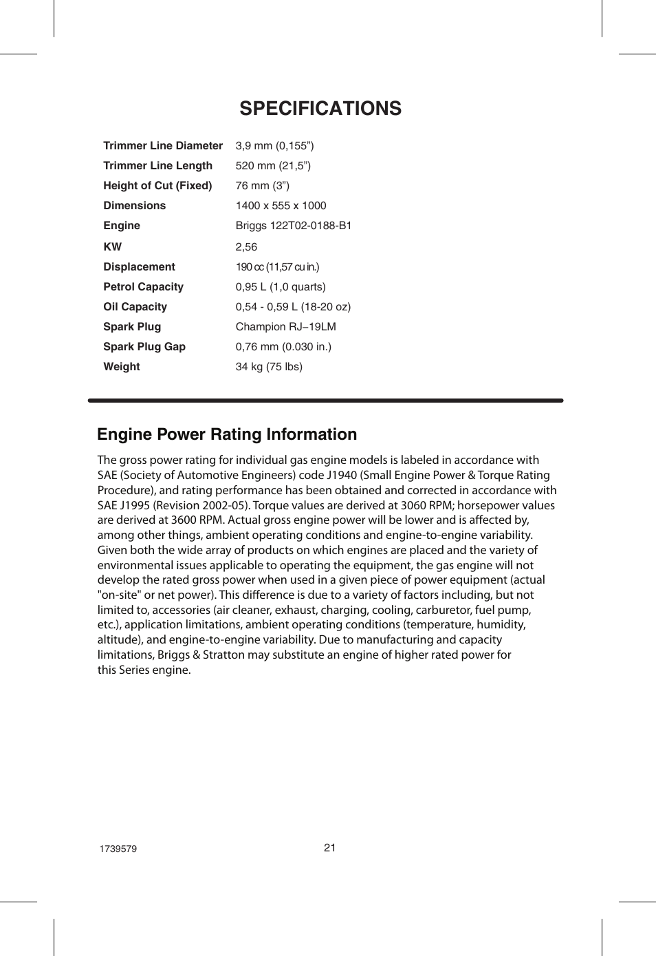 Specifications, Engine power rating information | Hayter Mowers Powertrim 407F User Manual | Page 21 / 30