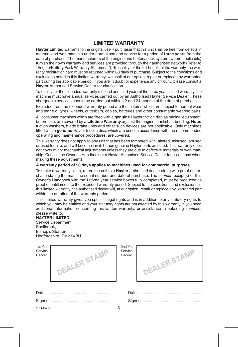Limited warranty | Hayter Mowers Powertrim 407F User Manual | Page 3 / 30
