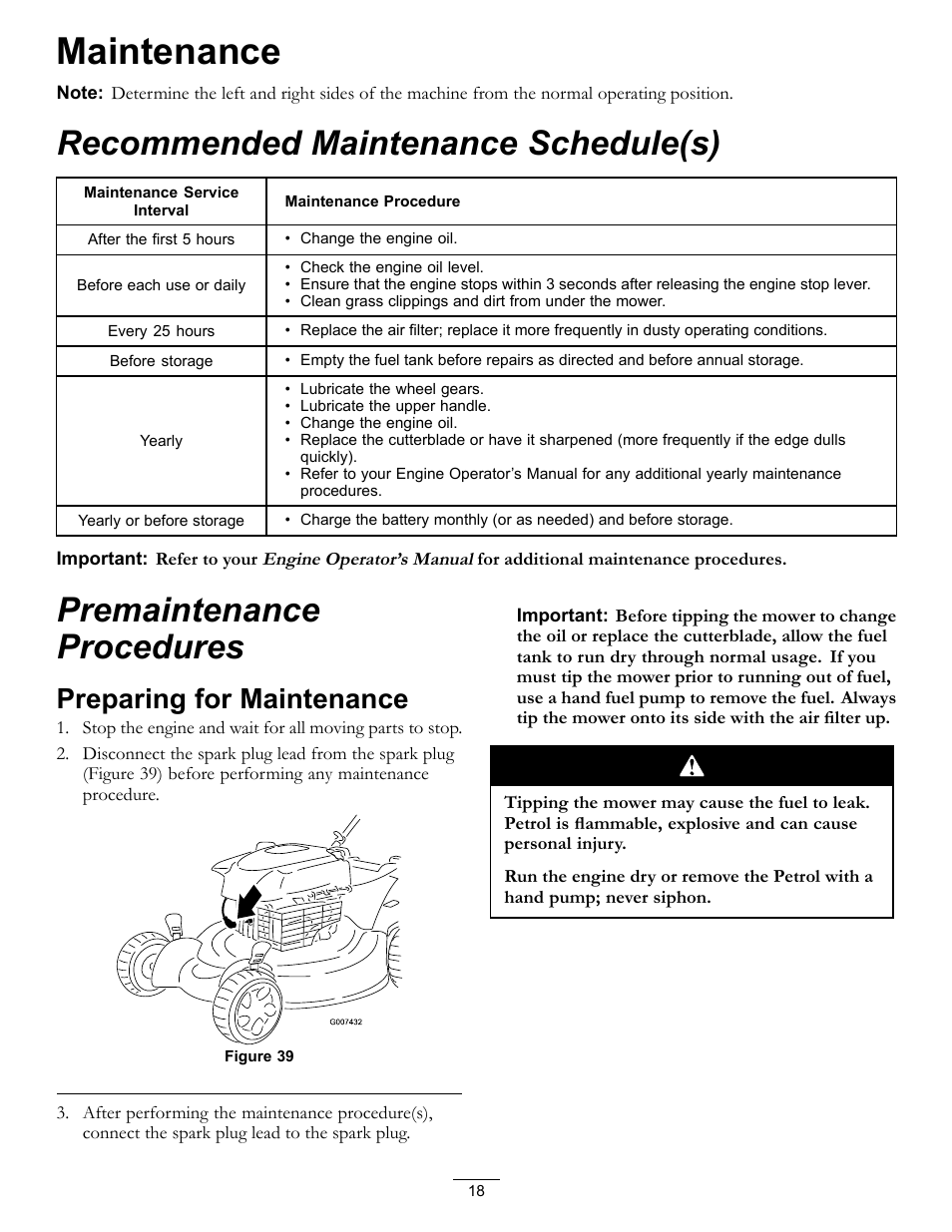 Maintenance, Preparing for maintenance, Recommended maintenance schedule(s) | Premaintenance procedures | Hayter Mowers Recycling Mower R53S User Manual | Page 18 / 32