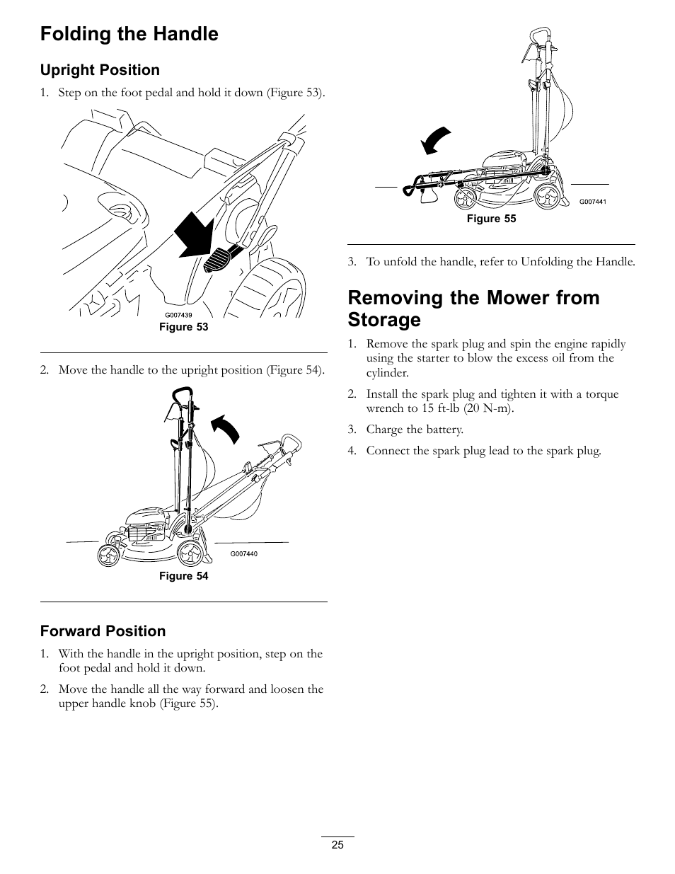 Folding the handle removing the mower from storage, Folding the handle, Removing the mower from storage | Hayter Mowers Recycling Mower R53S User Manual | Page 25 / 32