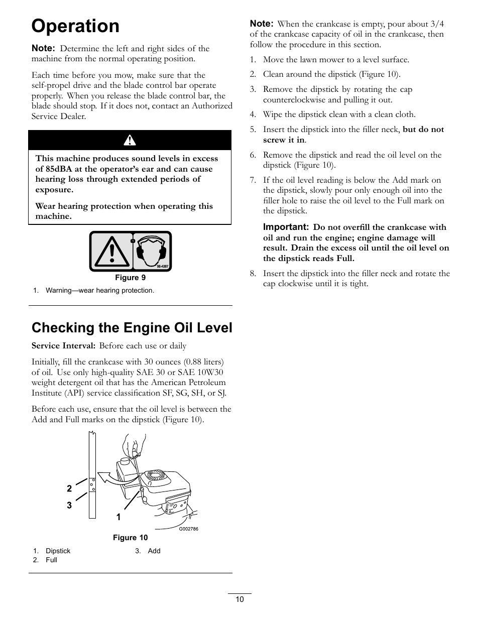 Operation, Checking the engine oil level | Hayter Mowers 21in Heavy-Duty Walk-Behind Rotary mower 455E User Manual | Page 10 / 32