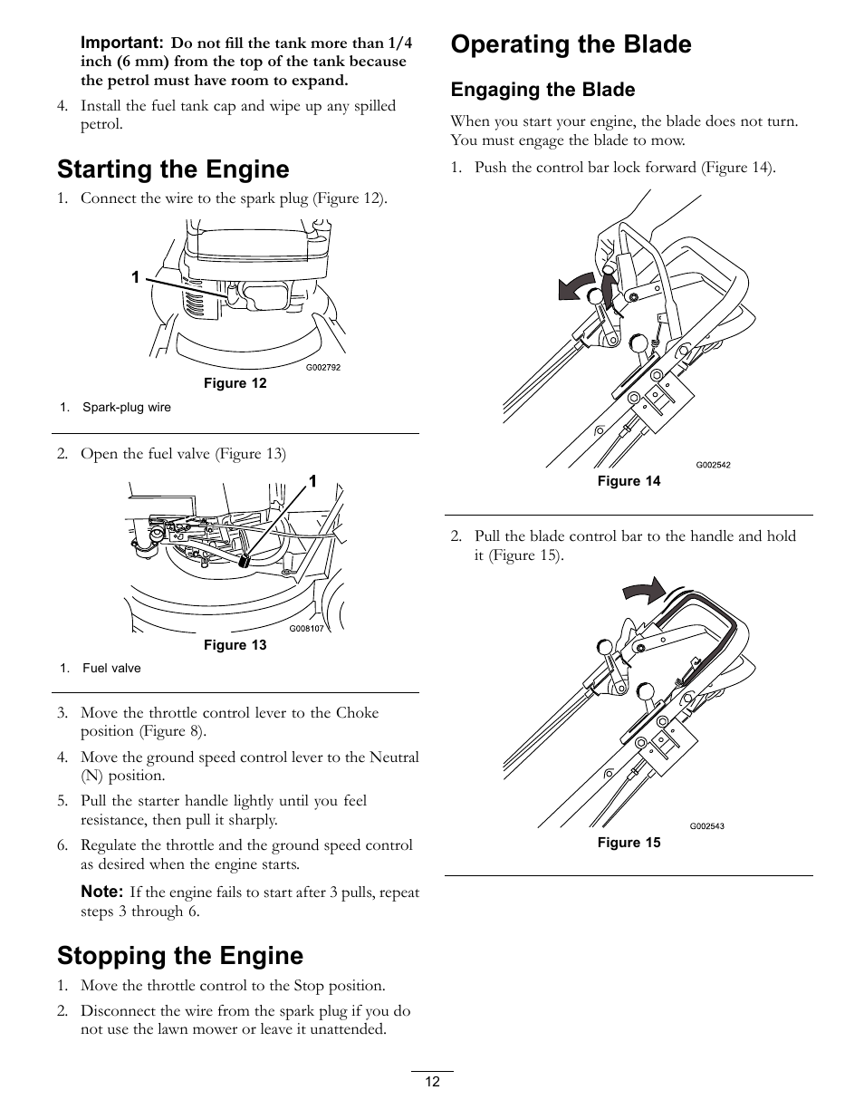Starting the engine, Stopping the engine, Operating the blade | Hayter Mowers 21in Heavy-Duty Walk-Behind Rotary mower 455E User Manual | Page 12 / 32