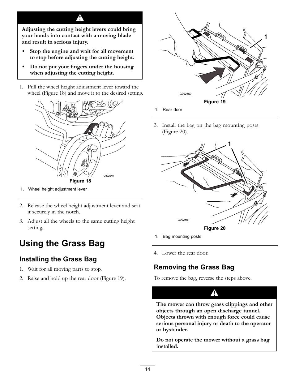 Using the grass bag, Installing the grass bag, Removing the grass bag | Hayter Mowers 21in Heavy-Duty Walk-Behind Rotary mower 455E User Manual | Page 14 / 32