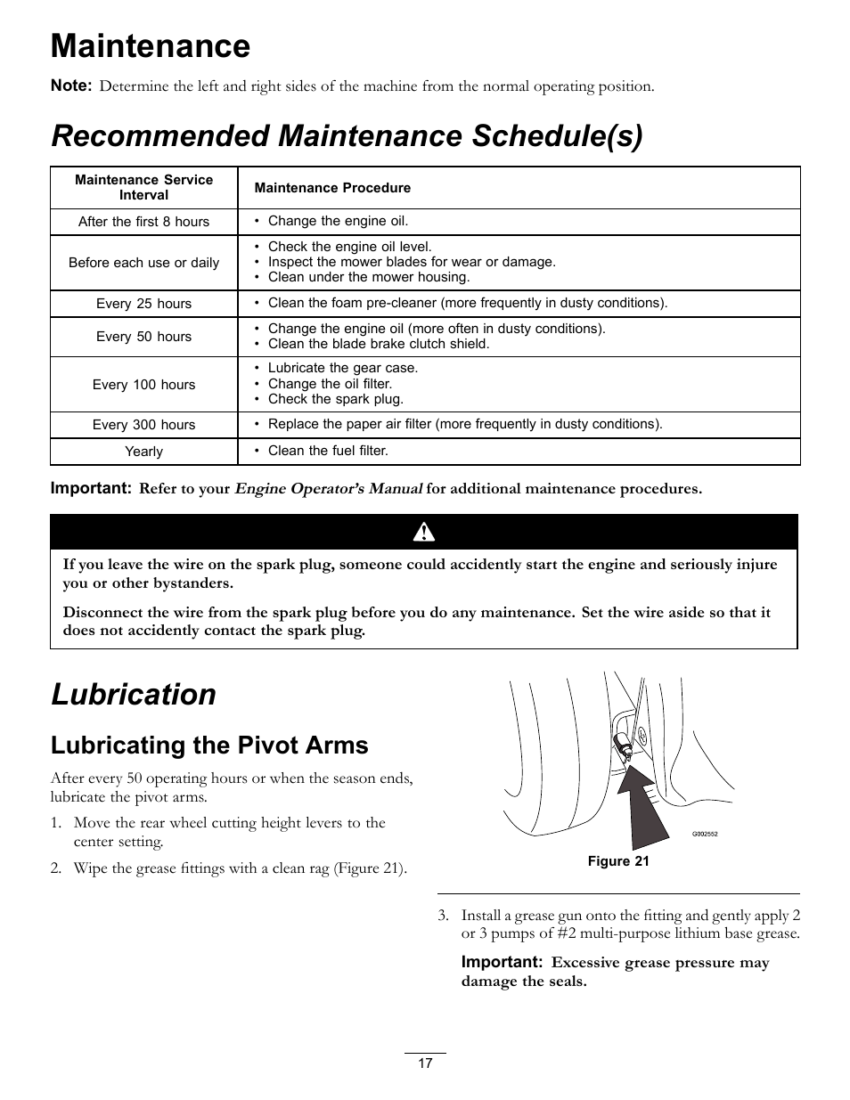 Maintenance, Recommended maintenance schedule(s) lubrication, Lubricating the pivot arms | Recommended maintenance schedule(s), Lubrication | Hayter Mowers 21in Heavy-Duty Walk-Behind Rotary mower 455E User Manual | Page 17 / 32