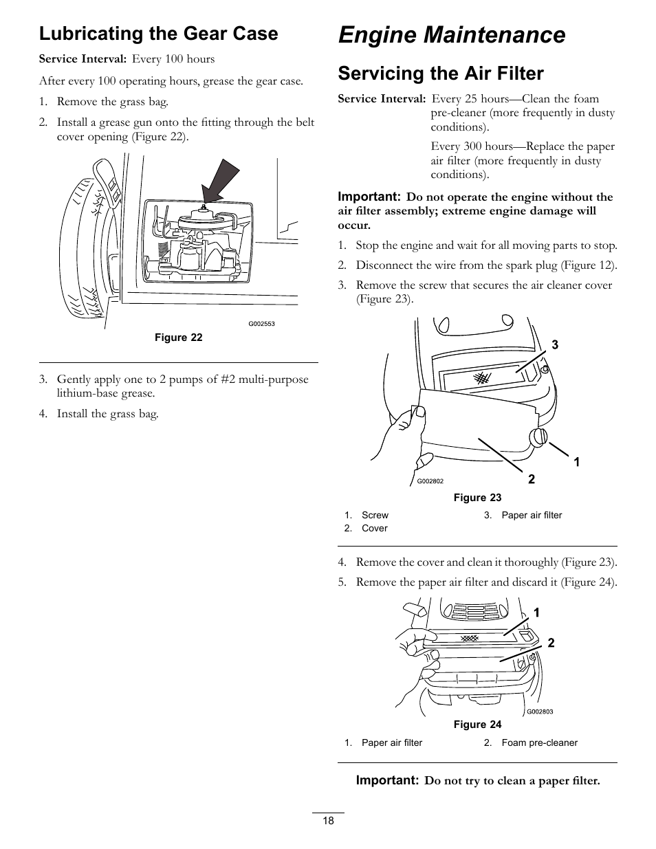 Lubricating the gear case, Engine maintenance, Servicing the air filter | Hayter Mowers 21in Heavy-Duty Walk-Behind Rotary mower 455E User Manual | Page 18 / 32