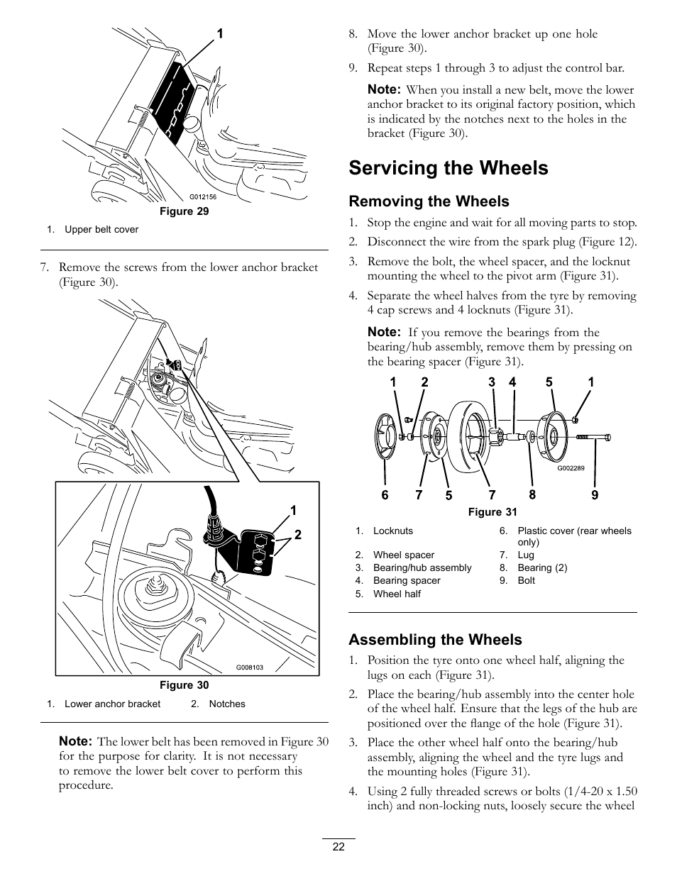 Servicing the wheels, Figure 29, Removing the wheels | Assembling the wheels | Hayter Mowers 21in Heavy-Duty Walk-Behind Rotary mower 455E User Manual | Page 22 / 32