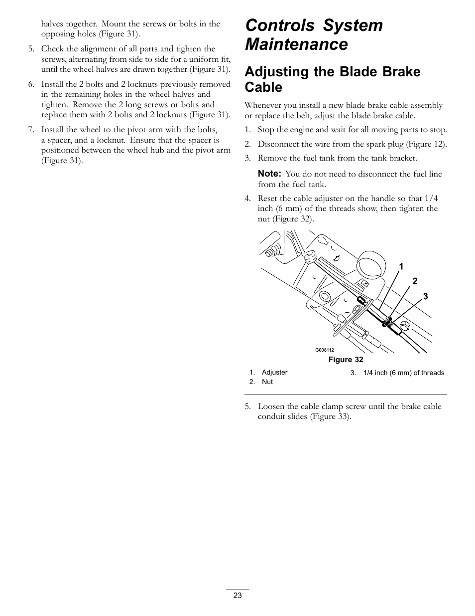 Controls system maintenance, Adjusting the blade brake cable | Hayter Mowers 21in Heavy-Duty Walk-Behind Rotary mower 455E User Manual | Page 23 / 32